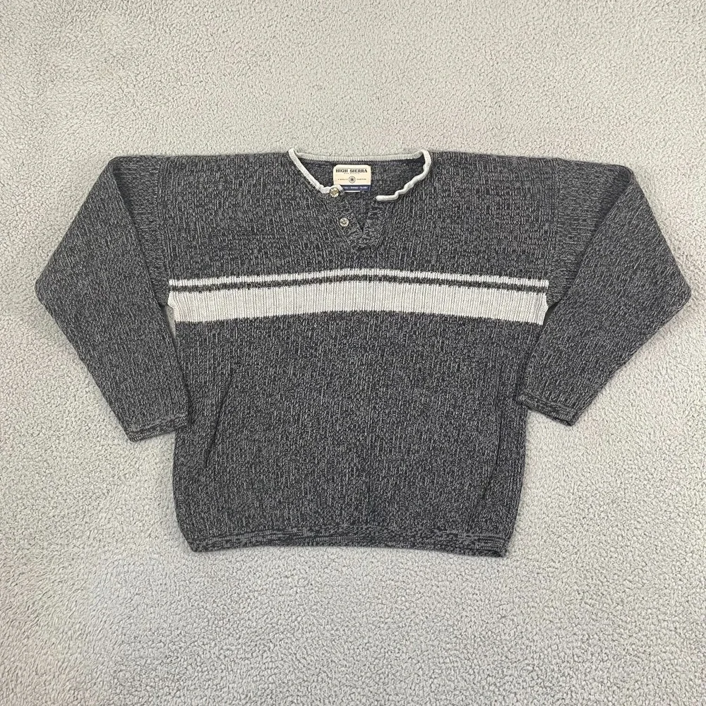 Vintage High Sierra Sweater Men M Gray Knit Cottage Pullover Henley